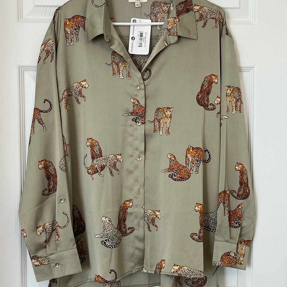 Umgee Olive Animal Print Button Down Shirt